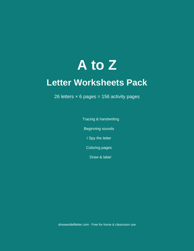 Cover of the A to Z Letter Worksheets Pack — 26 letters, 6 pages each, 156 activity pages