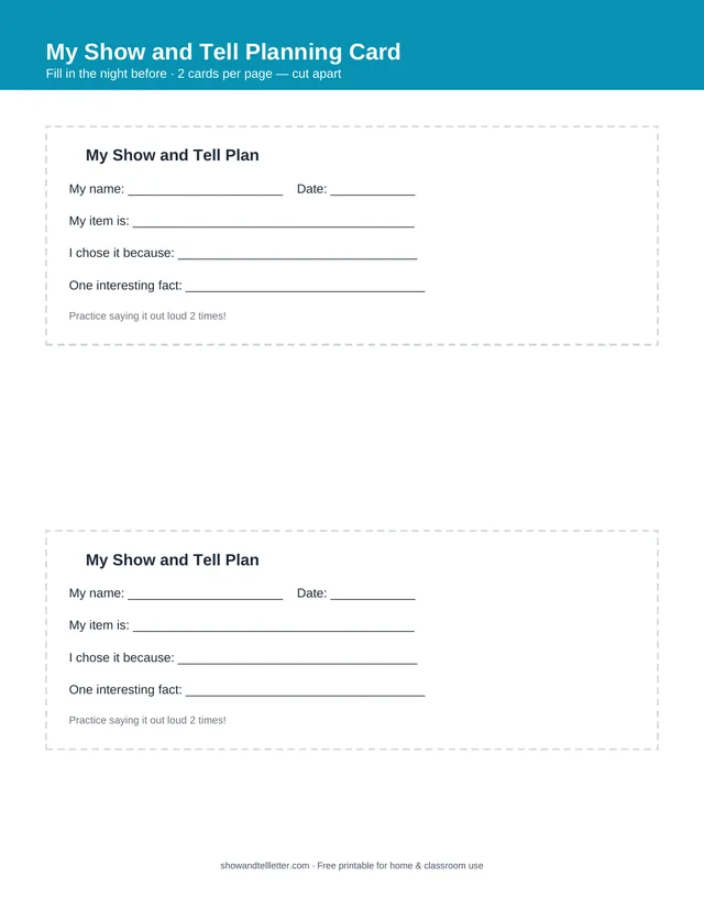 Show and Tell planning card — fill in your item, why you chose it, and one interesting fact