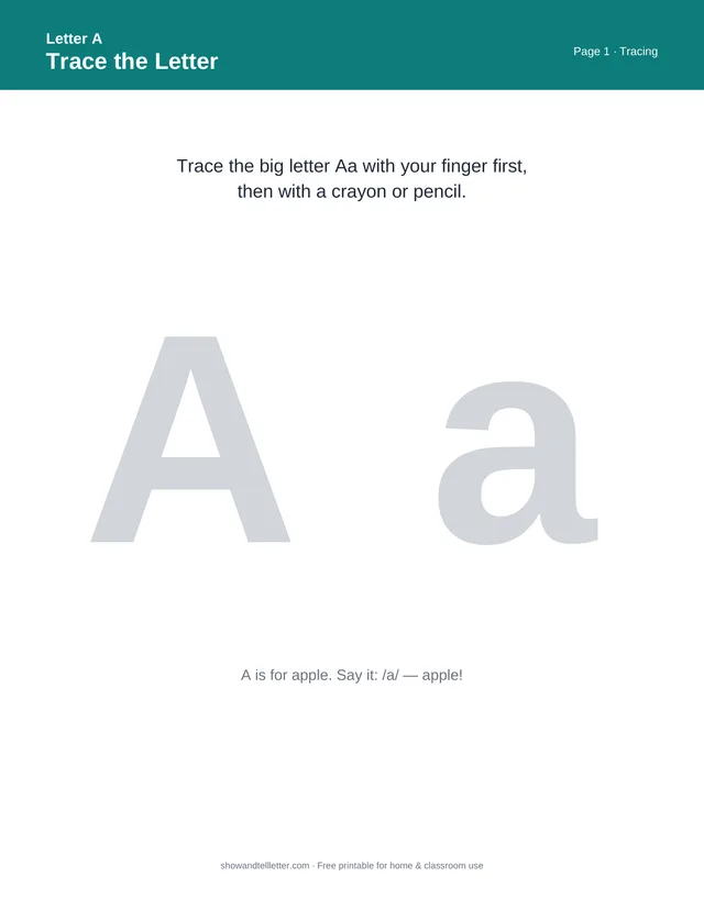 Letter A tracing worksheet — trace the big uppercase and lowercase A