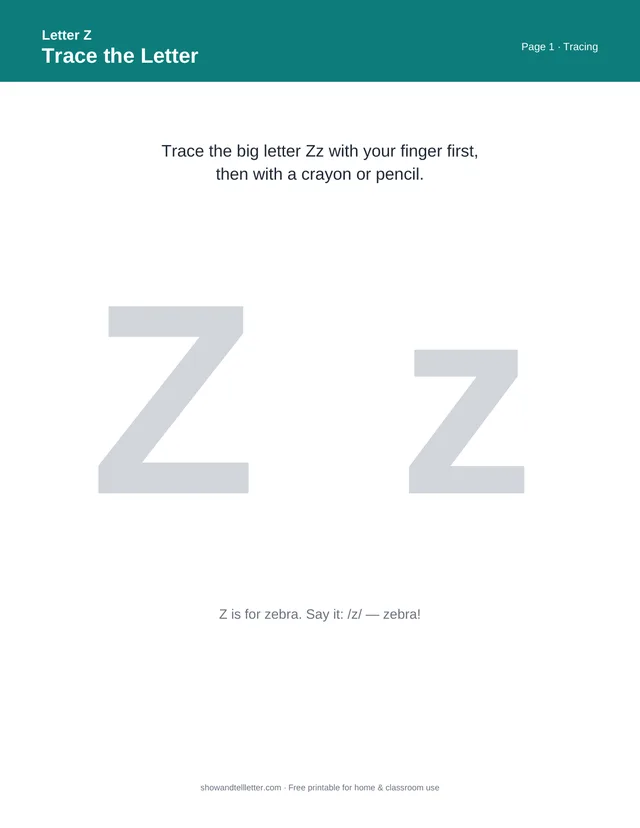 Letter Z tracing worksheet — trace the big uppercase and lowercase Z