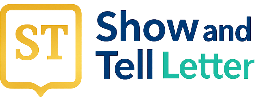 Show and Tell Letter logo with ST icon in yellow speech bubble