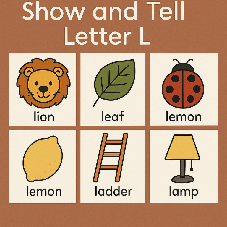 Show and Tell Letter L objects – lion, leaf, ladybug, lemon, ladder, lamp