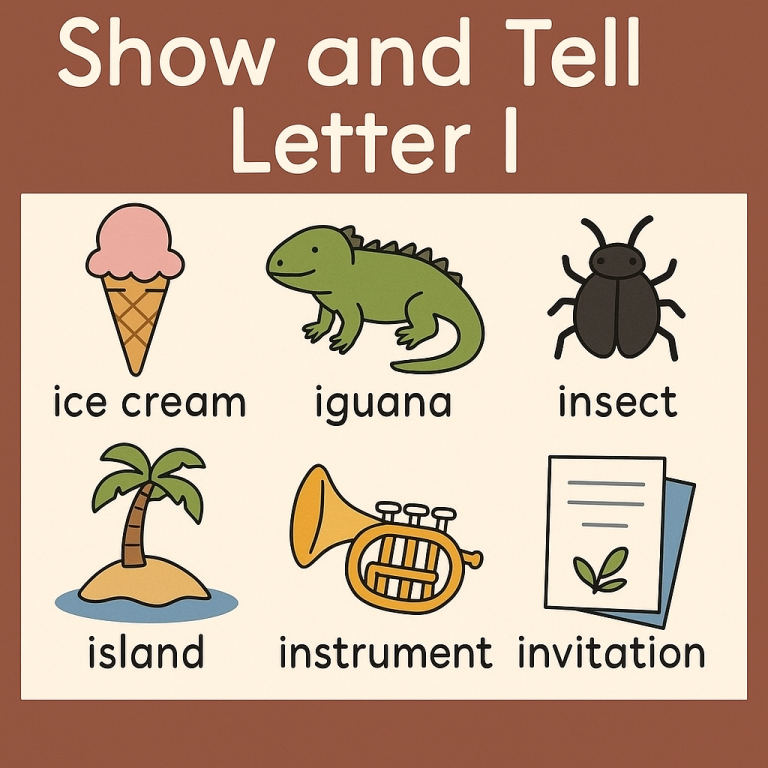 Show and Tell Letter I items – ice cream, iguana, insect, island, instrument, invitation