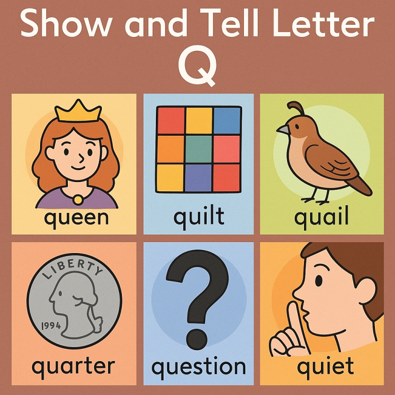 Show and Tell Letter Q items – queen, quail, quilt, quarter, question, quiet