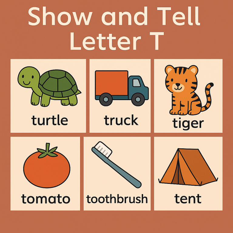 Show and Tell Letter T items including turtle, truck, tiger, tomato, toothbrush, and tent. Colorful cartoon icons on a beige background.
