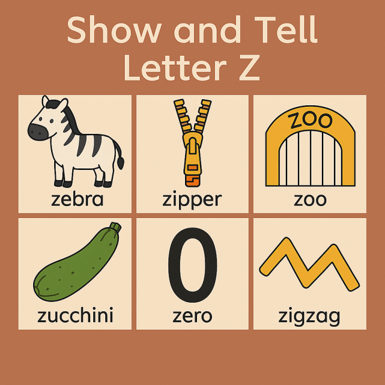 Show and Tell Letter Z items – zebra, zipper, zoo, zucchini, zero, zigzag