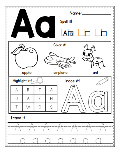 Letter A worksheet for preschool – tracing, coloring, and beginning sound activities