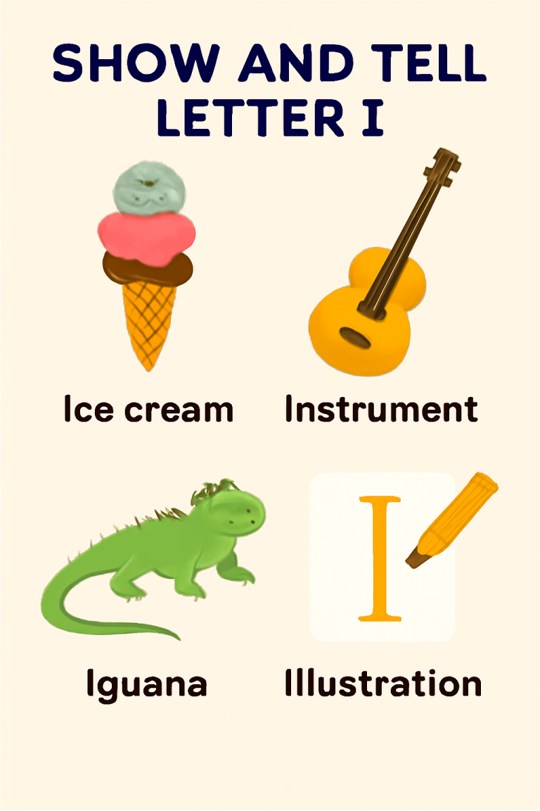 Educational poster showcasing images related to the letter I, including ice cream, instruments, iguana, and illustration