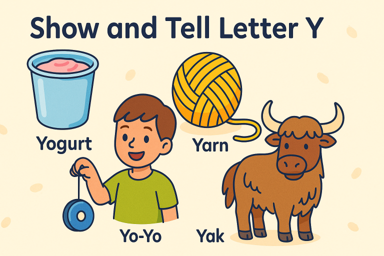 Show and tell items for the letter Y including yogurt, yo-yo, and yak, illustrated for preschool learning.